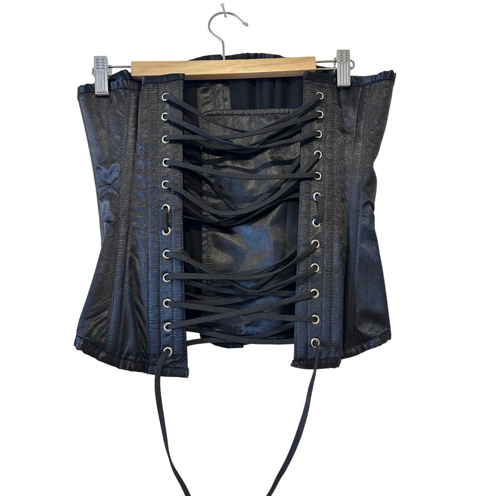 Unbranded Supportive Corset Sz 24 Black Boned Underbust Lace Up Satin Goth Vamp
